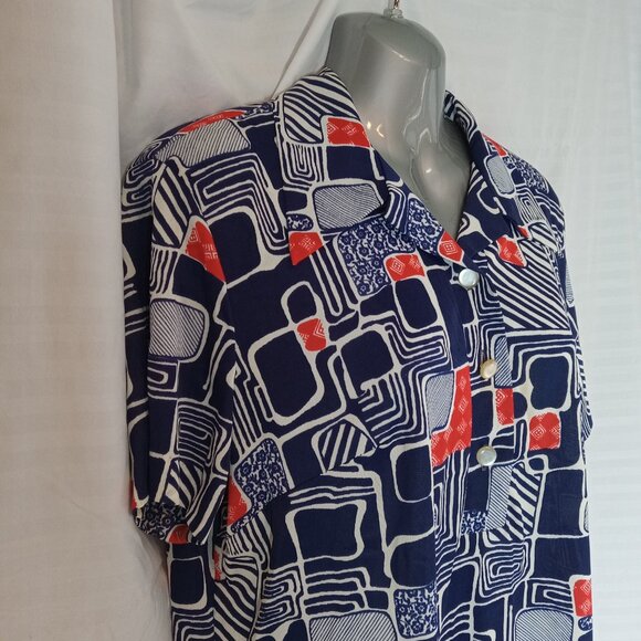 Vintage Blouse Button Down Shirt Women's Sz XL Blue Red White Geometric Retro - Picture 7 of 14